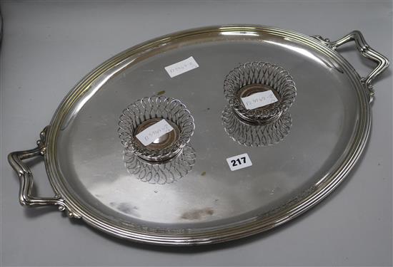 A plated two handled tray and a pair of wirework coasters